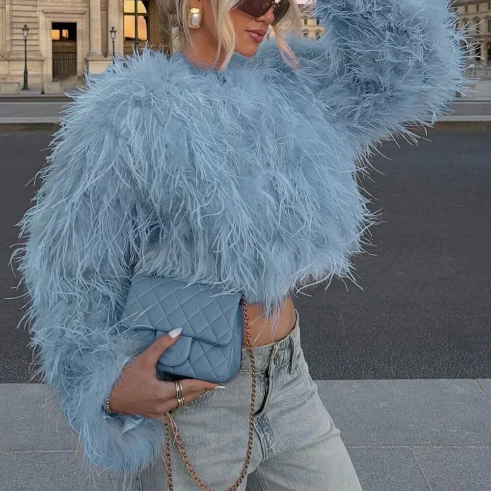 Blue Casual Women's Crew Neck Long Haired Coat